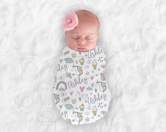Rainbow Unicorn Baby Girl Blanket Personalize Baby Swaddle Baby Shower Gift Name Blanket 2 Options: Receiving Blanket or Plush Blanket