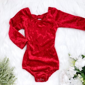 Red Velvet Long Sleeve Bow Back Leotard Baby Christmas Leotard Girls Holiday Leotard with Snaps Infant Toddler Leotard Sizes Newborn-Girls 8