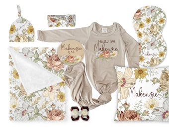 Vintage Floral Baby Girl Blanket Gift Set, Personalized Floral Baby Shower Gift Set Gown Blanket Hat Headband Sign Pillow Burp Cloth Sandals