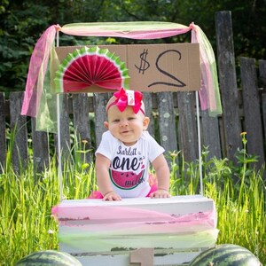 May include: A baby girl wearing a white shirt with a watermelon graphic and the text "Scarlett is one in melon" sits in front of a wooden stand with a sign that says "&pound;2". The stand is decorated with pink and green ribbons and a watermelon fan. There are two watermelons on the ground in front of the stand.