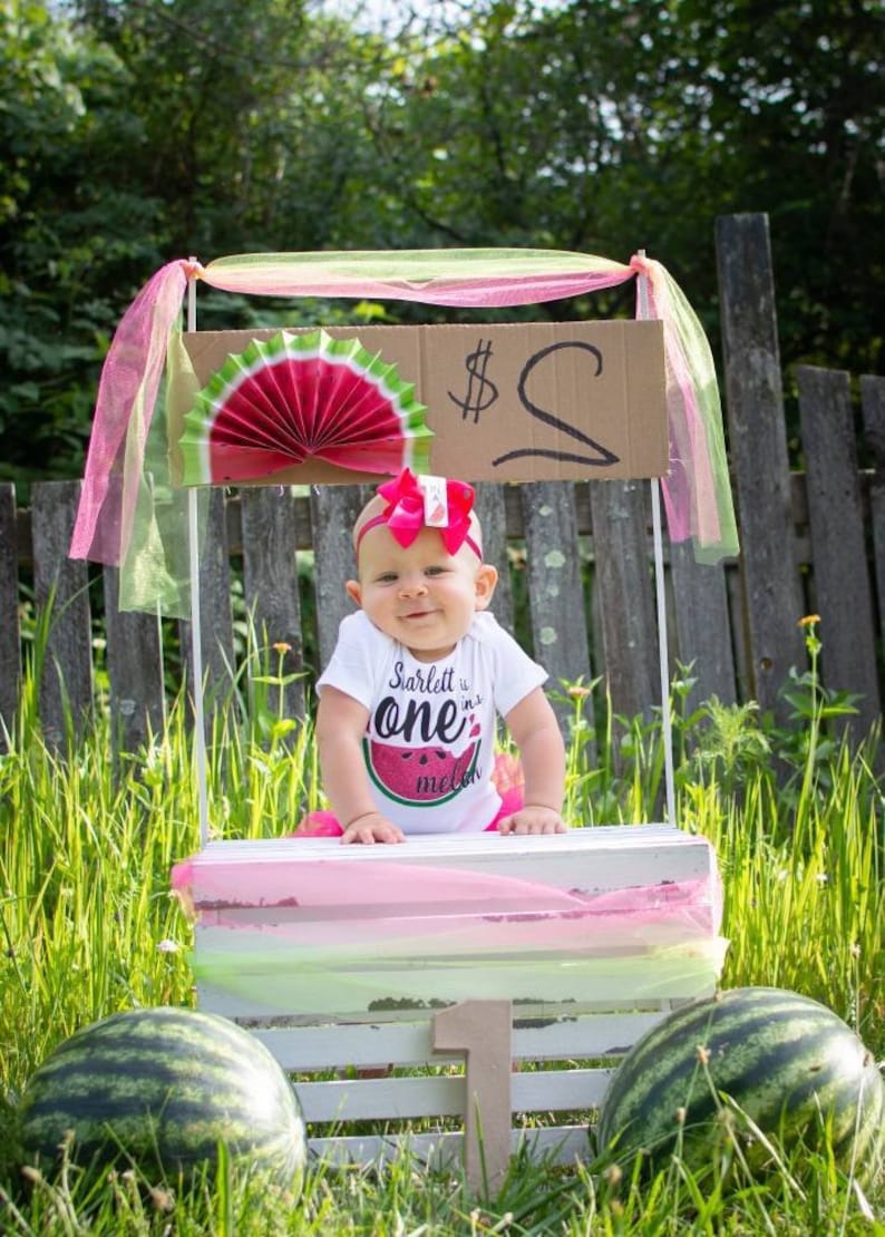 May include: A baby girl wearing a white shirt with a watermelon graphic and the text "Scarlett is one in melon" sits in front of a wooden stand with a sign that says "&pound;2". The stand is decorated with pink and green ribbons and a watermelon fan. There are two watermelons on the ground in front of the stand.