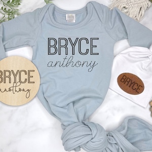 Baby Boy Personalized Knotted Gown, Bamboo Newborn Outfit, Monogramed, Name Sign, Knotted Hat, Coming Home Outfit