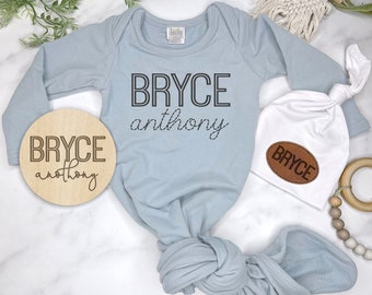 Baby Boy Personalized Knotted Gown, Bamboo Newborn Outfit, Monogramed, Name Sign, Knotted Hat, Coming Home Outfit