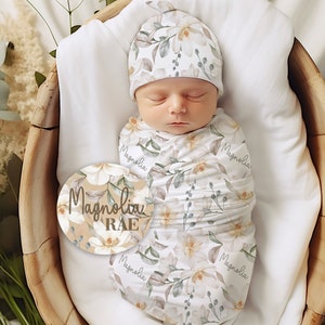 Magnolia Floral Baby Swaddle, Personalized Magnolia Baby Blanket with Name Sign Gift Set