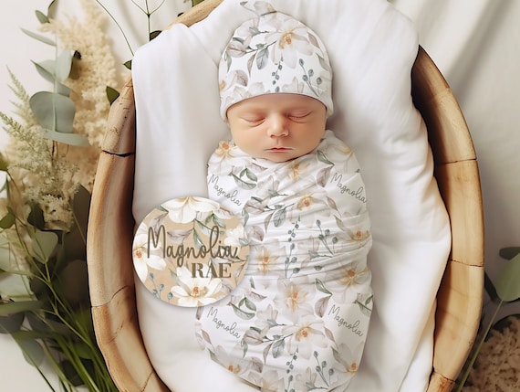 Magnolia Floral Baby Swaddle Personalized Magnolia Baby Blanket With Name Sign Gift Set Etsy