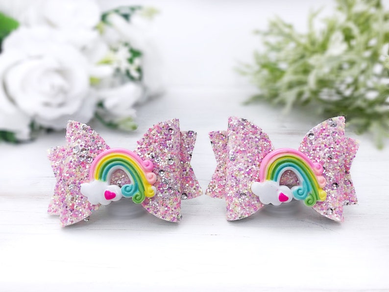 Rainbow Hair Clip Glitter Bow Rainbow Headband Piggy Clips No Slip Clips Girl Birthday Bows Toddler Hair Clips Pigtail Bows 3 Hair Bow