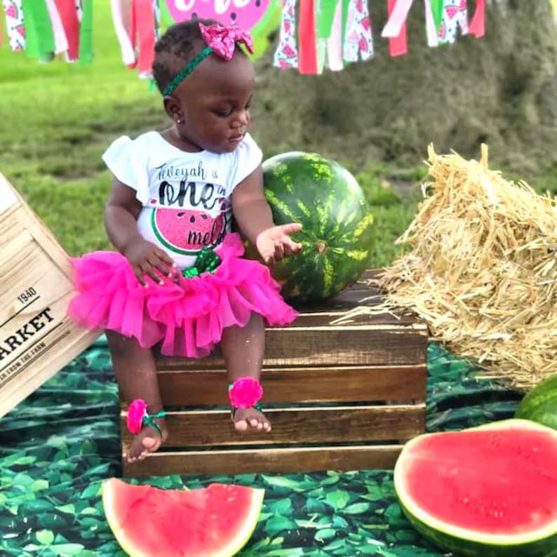 Puede incluir: Una ni&ntilde;a peque&ntilde;a con un body blanco con un gr&aacute;fico de sand&iacute;a y el texto "Treyah is one melon". Lleva una falda de tul rosa y sandalias de sand&iacute;a. Est&aacute; sentada en una caja de madera con una sand&iacute;a a su lado.