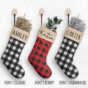 Personalized Christmas Stockings Custom Monogrammed Buffalo Plaid Buffalo Check Stockings Canvas Red Black White image 2