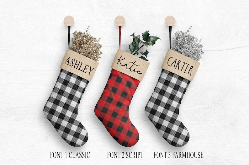 Personalized Christmas Stockings Custom Monogrammed Buffalo Plaid Buffalo Check Stockings Canvas Red Black White image 2