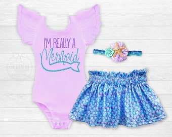 I'm Really a Mermaid Outfit Mermaid Gift Mermaid Leotard Mermaid Skirt Mermaid Headband Fits Newborns, Infants, Toddlers and Young Girls