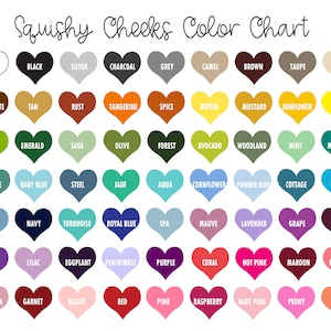 May include: Color chart with 50 heart-shaped color swatches, each labeled with a color name. The chart is titled "Squishy Cheeks Color Chart".