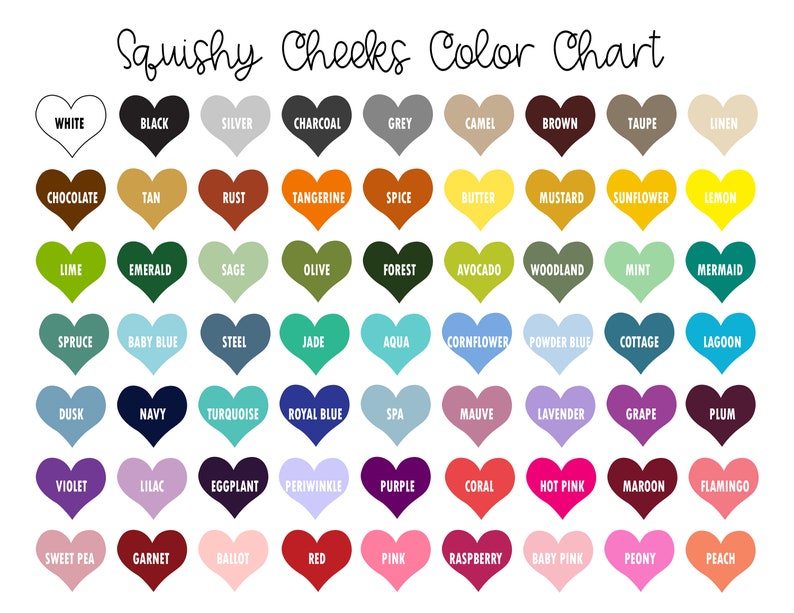 May include: Color chart with 50 heart-shaped color swatches, each labeled with a color name. The chart is titled "Squishy Cheeks Color Chart".