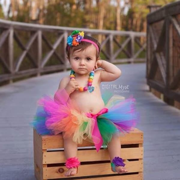 Rainbow Birthday Outfit- Tutu Rainbow Birthday Outfit - Outfit Includes: Tutu, Necklace, Headband, and Barefoot Sandals