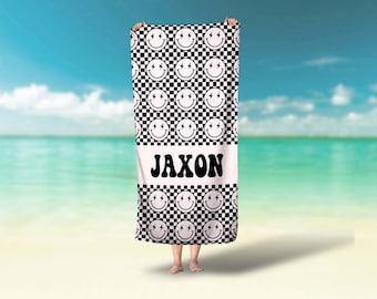 Personalized Checkered Beach Towel: Retro Smiley Face Custom Name
