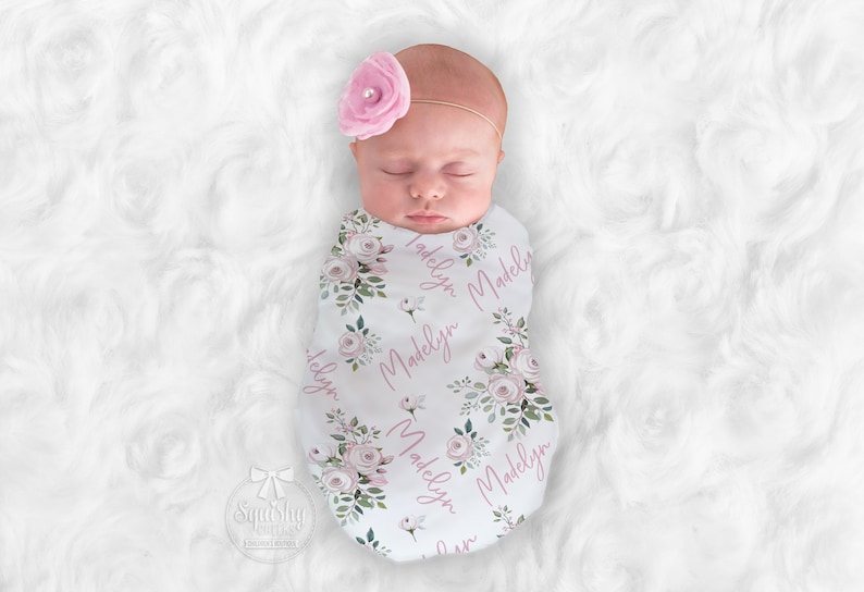 Baby Girl Gift Set Personalized Baby Shower Gift Set Pink Floral Pillow, Blanket, Gown, Burp Cloth, Hat, Bracelet and Baby Barefoot Sandals image 7