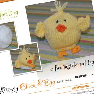 May include: A knitting pattern for a chick and egg toy. The pattern is called "Whimsy Chick & Egg" and is by CT Hebling. The pattern is for an intermediate skill level.