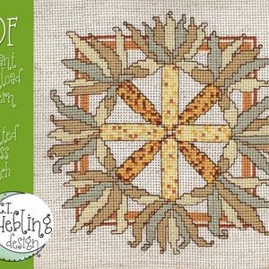 Puede incluir: Un patrón de punto de cruz contado con un diseño geométrico y una estrella central en tonos amarillos, marrones y verdes. El patrón se titula "PDF instant download pattern counted cross stitch C.I. Hebling design".