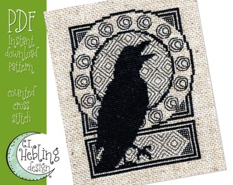 Raven Cross Stitch Pattern: Gothic Blackwork Embroidery (PDF Download)