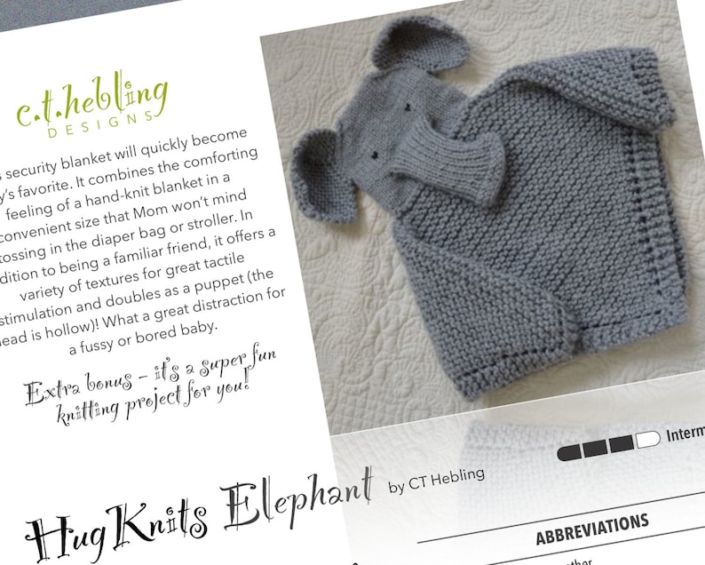 May include: A gray knitted elephant hooded blanket for babies. The blanket is made with a soft yarn and has a cute elephant face on the hood. The text "Hug Knits Elephant" is written in a decorative font.