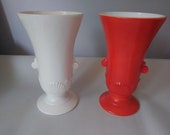 Pair Vintage Fire King Vitrock Fired On Tangerine Ivory Deco Style 7 3 4 quot vase