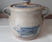 Rowe Pottery Salt Glazed Crock Bean Pot Cookie Jar Painted Pig FREE SHIP
