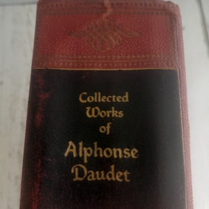 K&ouml;nnte beinhalten: Ein rotes, ledergebundenes Buch mit goldenen Lettern auf dem R&uuml;cken. Der Titel lautet "Gesammelte Werke von Alphonse Daudet".