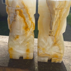 1960s Onyx Marble Mexican Aztec Figurative Hand Carved Bookends - Pair~ 5.25&quot; ~ FREE SHIP