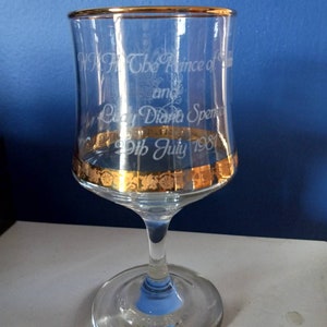 Gold Trimmed Etched Goblet ~ Princess Di and Prince Charles Wedding Souvenir ~ Great Condition FREE SHIP
