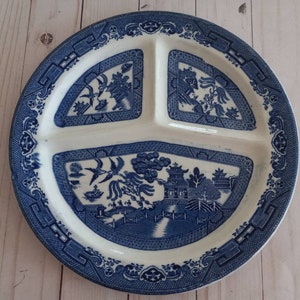 Antique Blue Willow Flow Blue Compartment Plate ~ Blue Transferware~ 11.25&quot; Unknown Maker ~ Incised Marking ~ Blue/White Decor~FREE SHIP