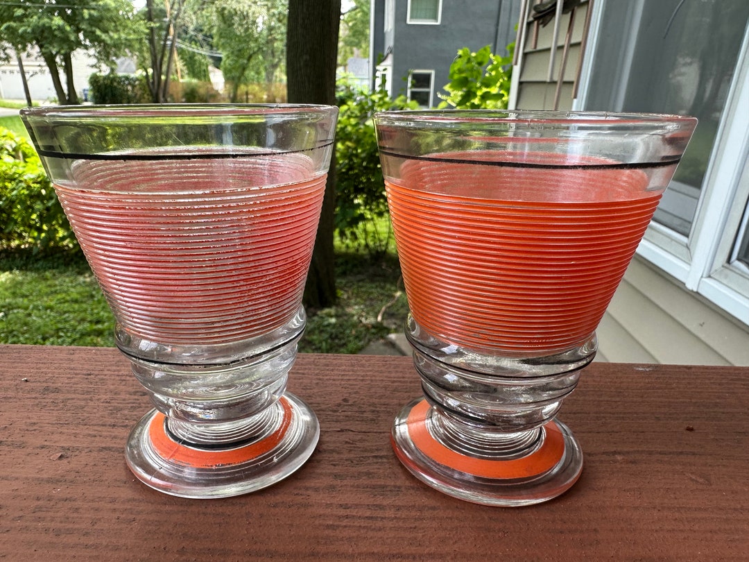 Vintage Art Deco Glasses old English Threading Orange Amber Ribbed