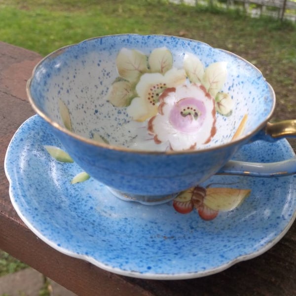 Vintage Ucagco Cup and Saucer Robins Egg Blue Speckled w/Flowers Butterfly ~ FREE SHIP