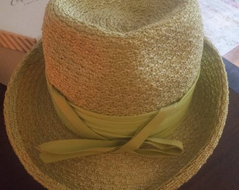 Vintage 50's-60's Green Straw type Hat in Original Wieboldt's Hat Box ~ Size Small ~ FREE SHIP