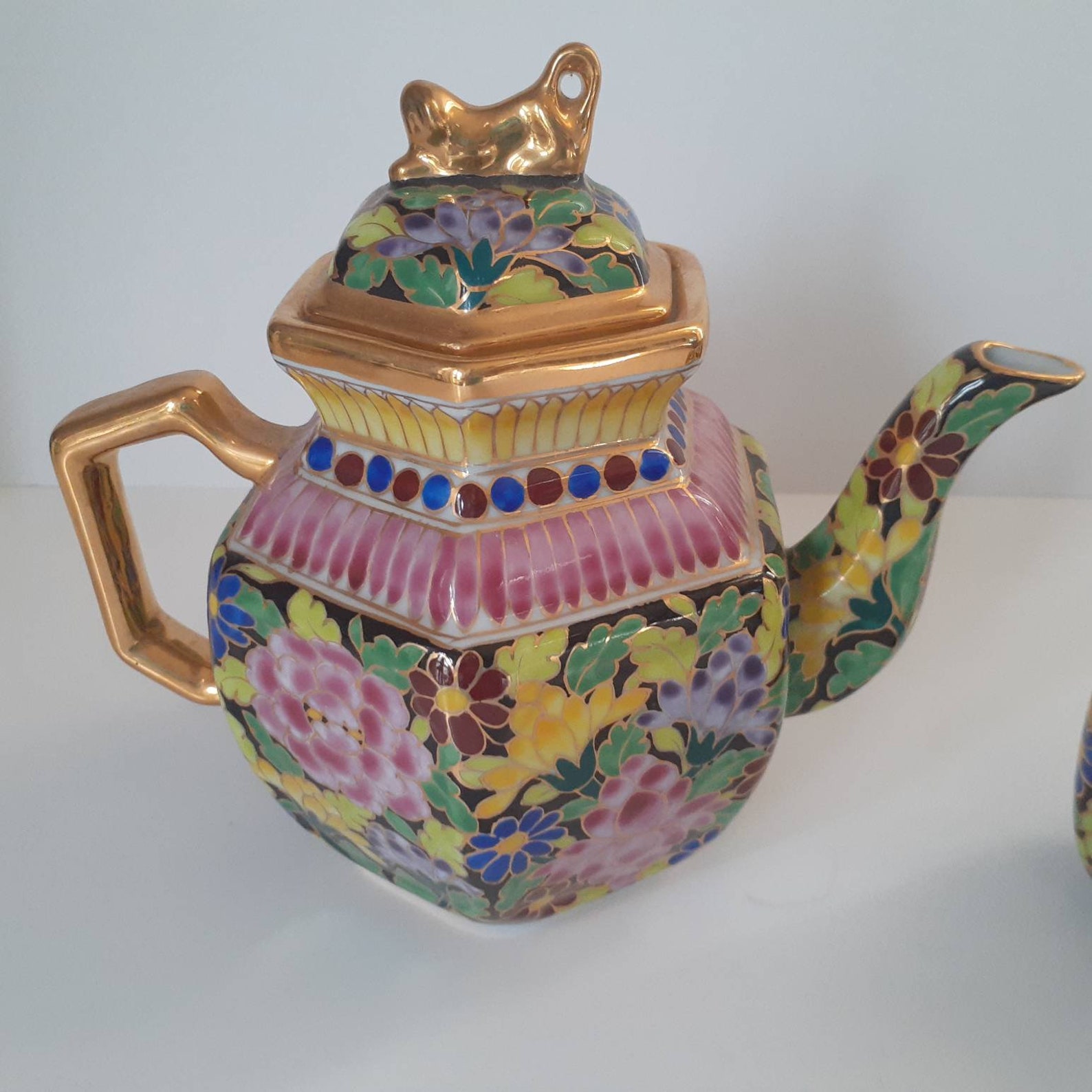 Vintage Asian Oriental Small Teapot with Three Cups Chintz Etsy