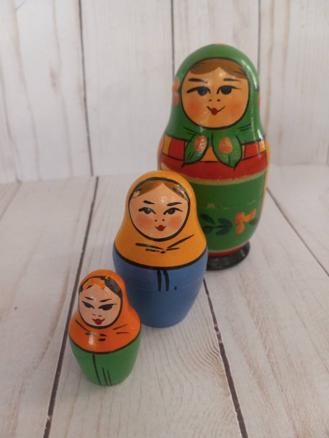 Vintage Wooden Nesting Dolls Set of 3 Piece Dolls Unmarked Etsy