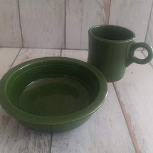 Older Fiesta Forest Green Tom & Jerry Mug  and 5.5" Fruit Bowl~ Homer Laughlin~ Good Condition ~ Rare and Hard to Find~ FREE SHIPPING