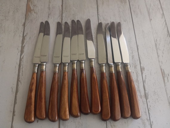 Vintage Lot of 11 CATTARAUGUS Steak/butter Knives W/ Brown Handles Non- serrated Very Good Condition FREE SHIP 