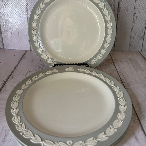 Wedgwood Barlaston of Etruria Embossed Queensware White on Gray Trim w/White Center 8.25" Plates~ Set of 2~ FREE SHIP