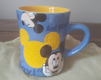 Disney Mickey Mouse Blue Sparkly Yellow Glitter Large Mug ~ FREE SHIP