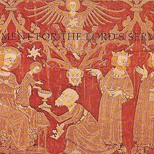 May include: A medieval tapestry depicting a scene of religious service. The tapestry features figures in gold and red robes, with a central figure holding a chalice. The text "Raiment for the Lord's Service" is displayed at the top of the tapestry.