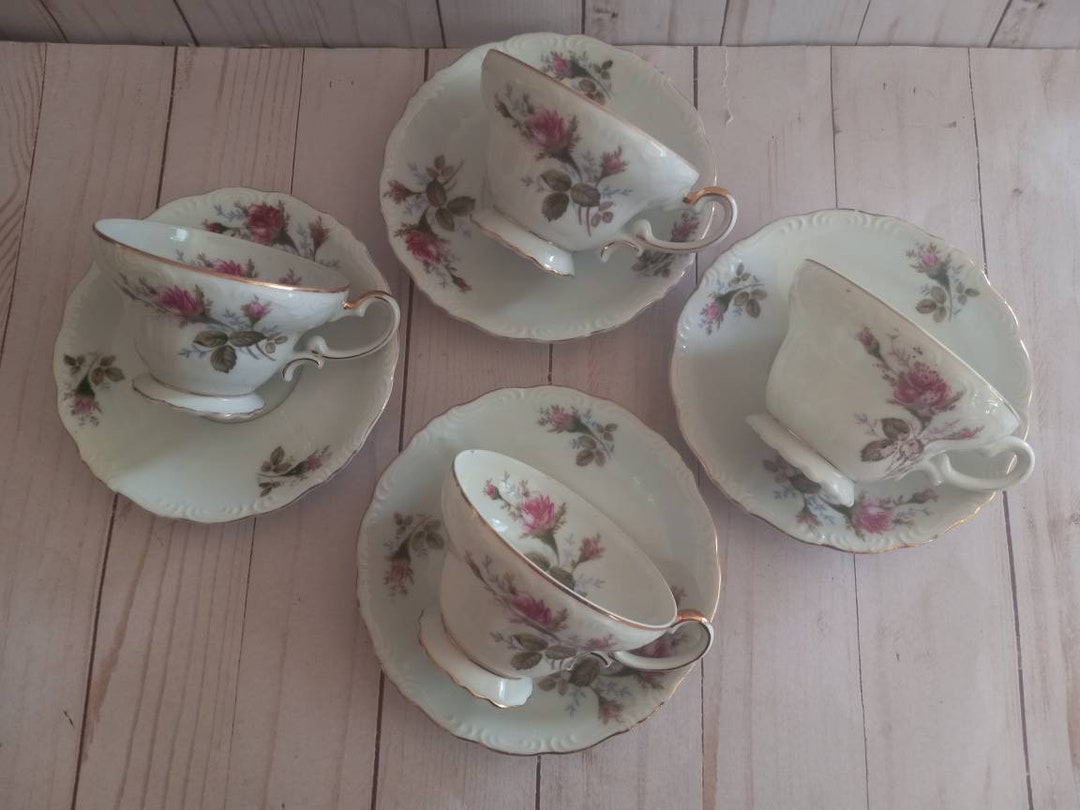 Vintage Moss Rose Cups/saucers Set of 4 alladin Occupied Japan Ucagco ...