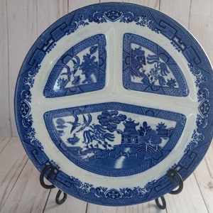 Antique Blue Willow Flow Blue Compartment Plate ~ Blue Transferware~ 11.25&quot; Made in England ~ Incised Marking ~ Blue/White Decor~FREE SHIP