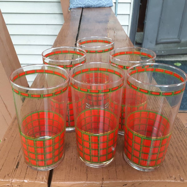 CULVER Mid-Century Glasses Red/Green/Gold Plaid Tartan~Christmas Holiday Barware Set of 6 ~ FREE SHIP