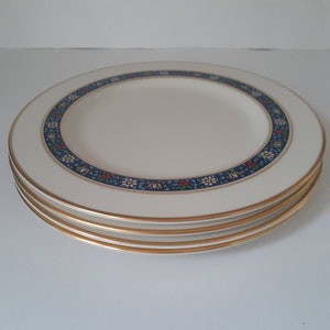 Pickard GRANDEUR 8.5" Side/Salad Plates~Scarce~24K Gld Trim~ Set of 4 Red/Yellow/Blue Tulip Cherry~ Stain Glass Look ~ EUC FREE Ship