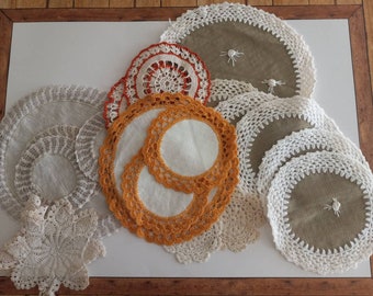 Lot of 21 Handmade Doilies~ Sets, Various Shades of Beige, White, Ivory~ DIY ~ Crocheted~ Linen~Tea Parties ~ High Tea Showers~ FREE SHIP