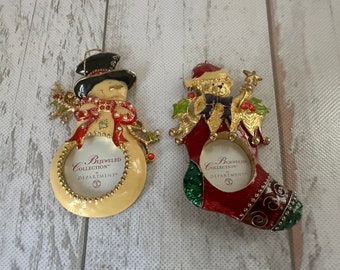 Dept. 56 Bejewelled Frame Ornaments~ Set of 2~ Snowman Stocking w/Toys~Bejewelled Collection ~ Holiday Theme~Unused ~ FREE SHIP