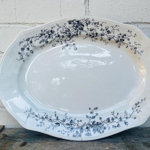 Porcelain Oval Platter- Black Flowers-Runic Pattern-Made In England- Antique Ironstone-Serving Platter- Dining- Wall Art
