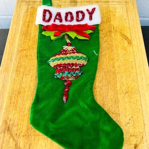 Vintage Green Sequin "Daddy" Christmas Stocking – Ornate Ornament Design