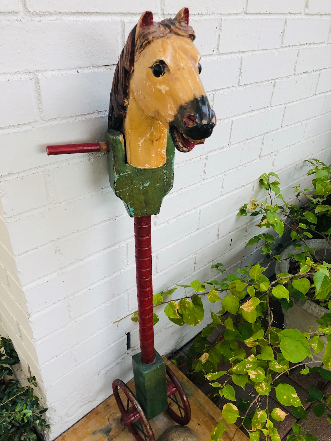 Antique Wood Stick Horse on Wheels Toy Child Etsy