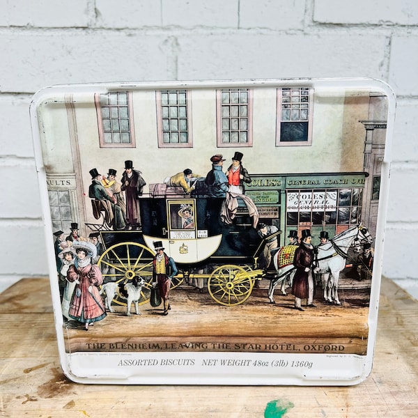 Vintage Biscuit Tin- England - Oxford - Blenheim- Horse and Carriage- Rectangular- Cookie Box- Candy Tin