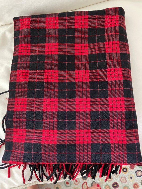 Vintage Pendleton Blanket - Red and Black Plaid Tartan With Fringe